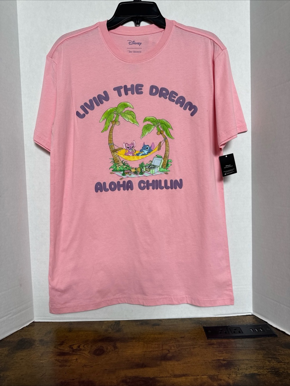 New Disney  Angel & Stitch Pink T-Shirt Short Sleeve Small Aloha Chillin
